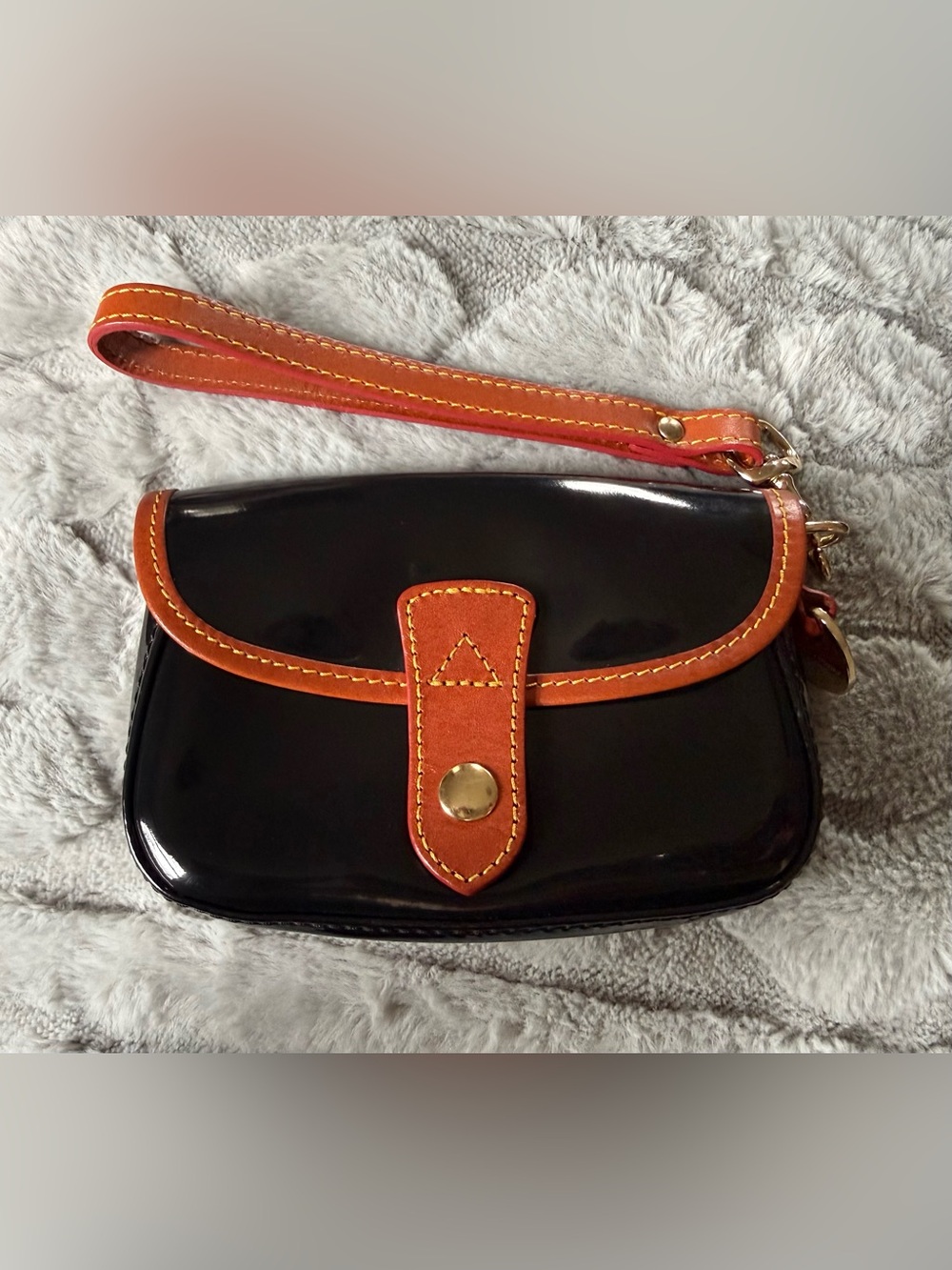 Dooney & Bourke Madison Taylor Black Patent Wristlet with Leather Trim